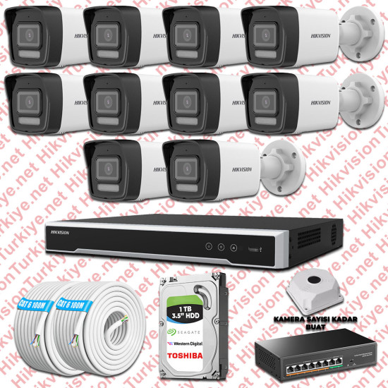 Hikvision İp 10 Kameralı Set 1080p Colorvu Mikrofonlu